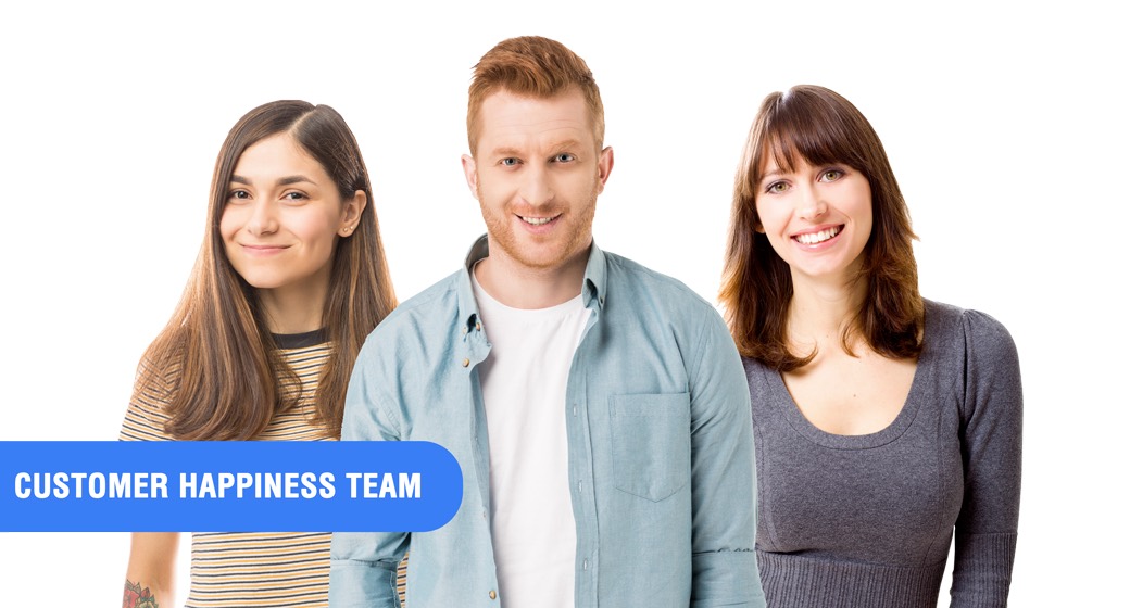 Three people stand side by side against a white background. All are smiling. A blue label in the bottom left corner reads "Customer Happiness Team.